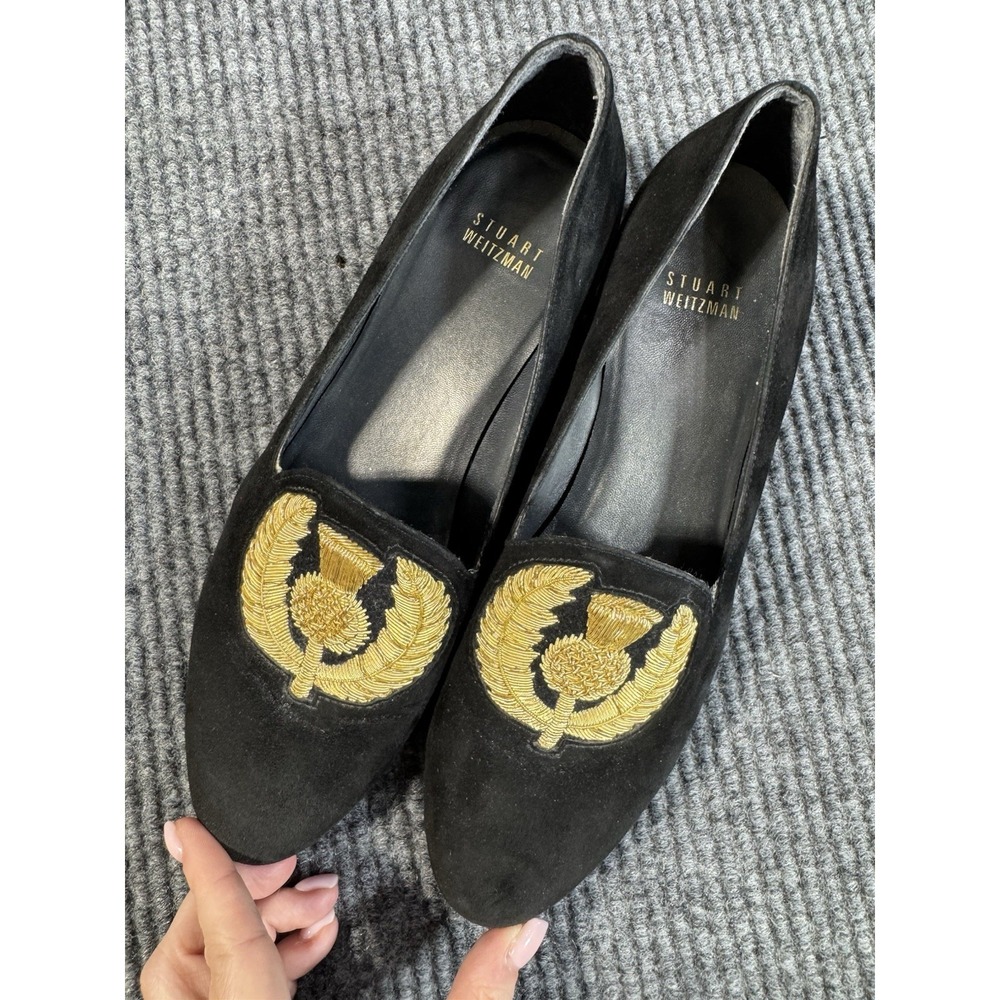 Stuart Weitzman Black Gold Embroidered Velvet Suede Slip-On‎ Loafer Flats 7.5